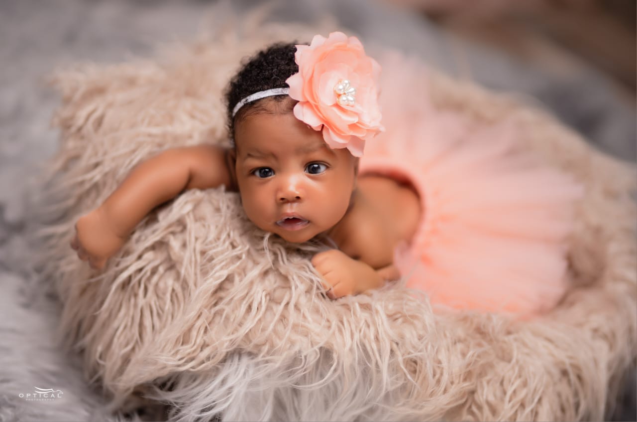Beautiful IVF baby girl in peach tutu dress born at Sali fertility clinic (privacy protected)