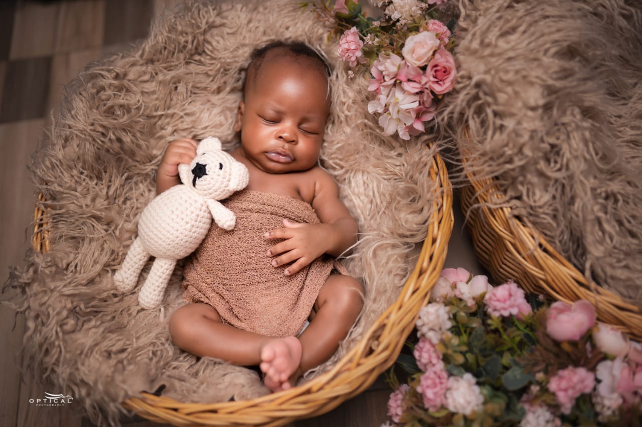 Adorable IVF baby with teddy bear at Sali Women's Hospital Zambia (privacy protected)