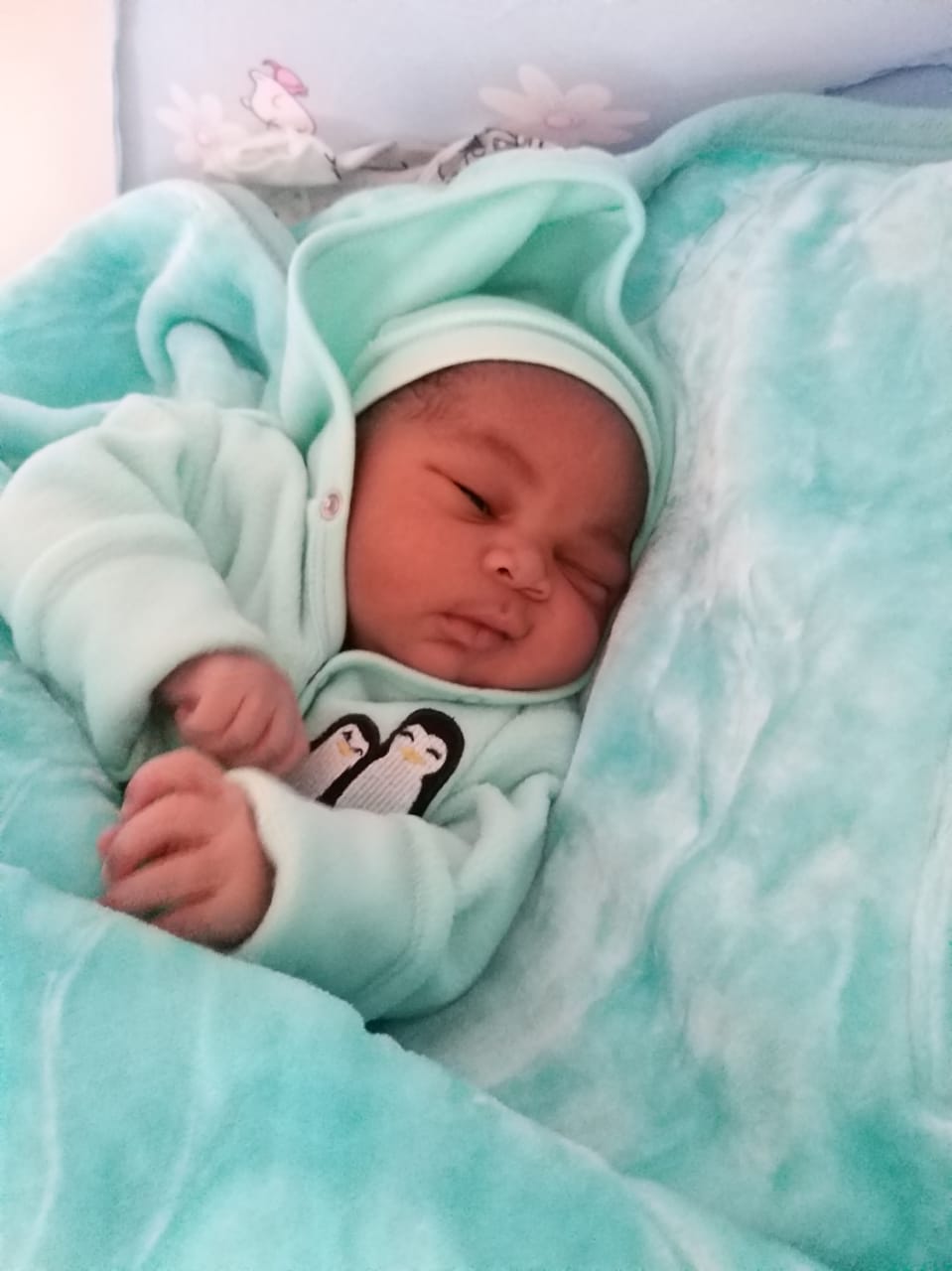 Cute IVF newborn in mint penguin onesie at Sali Hospital (privacy protected)