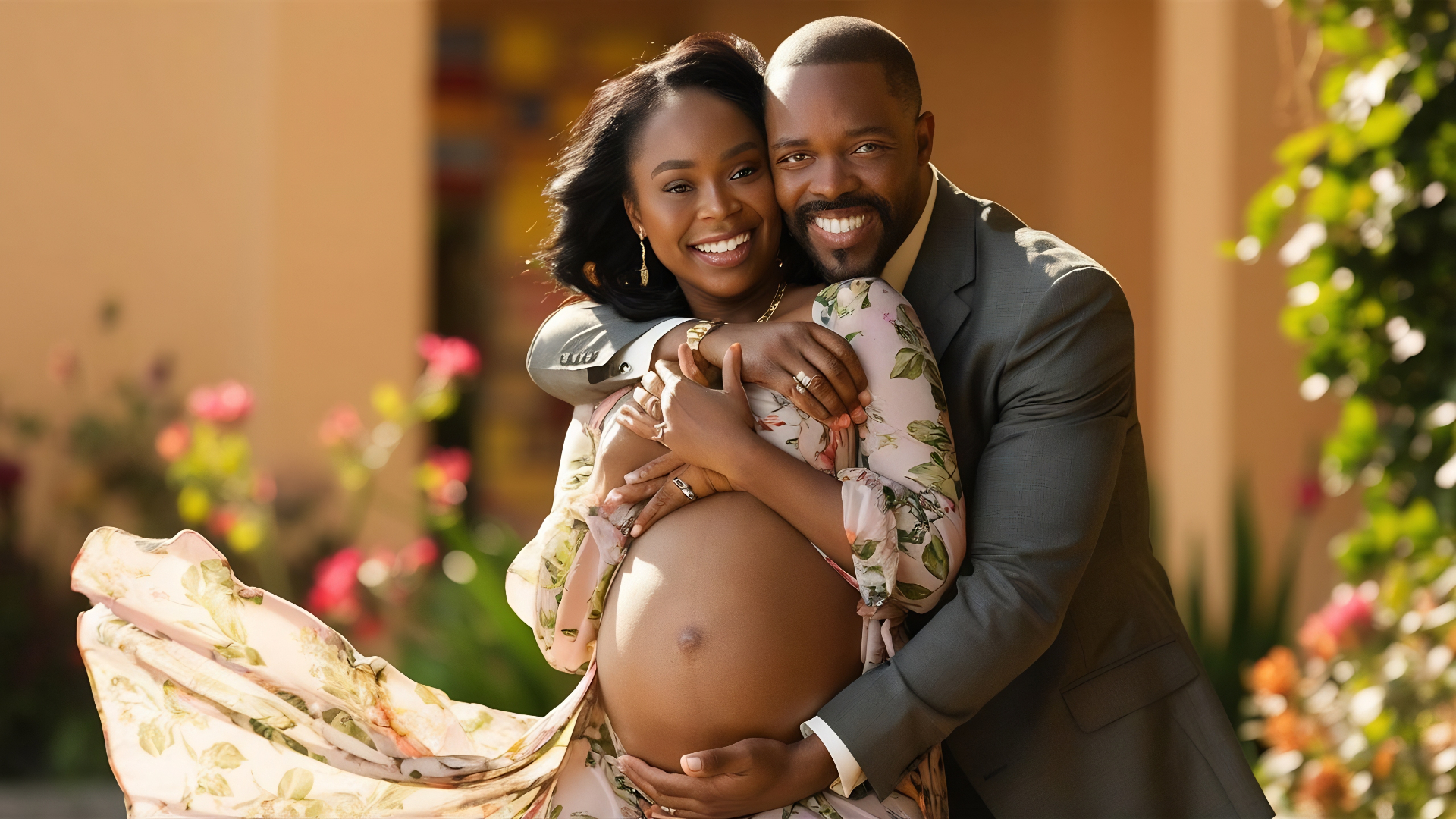 Happy pregnant African woman with husband embracing during maternity care
